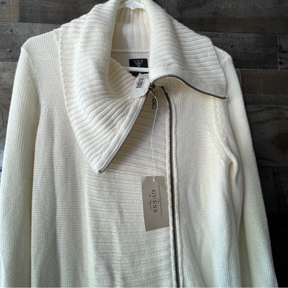 Guess Los Angeles Cream Full Zip Sweater Cardigan Side Zip Size M Cotton Blend - Picture 2 of 6